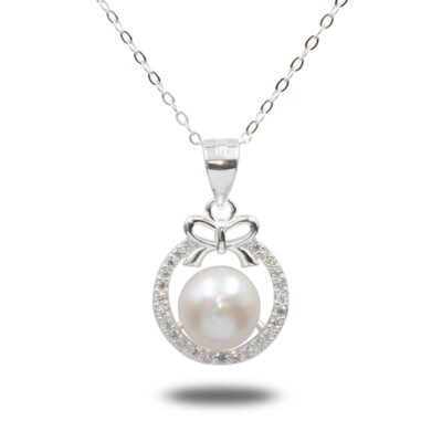 Urisma "Petite Poise" Bow Pearl Necklace - Vertical View of Whole Necklace